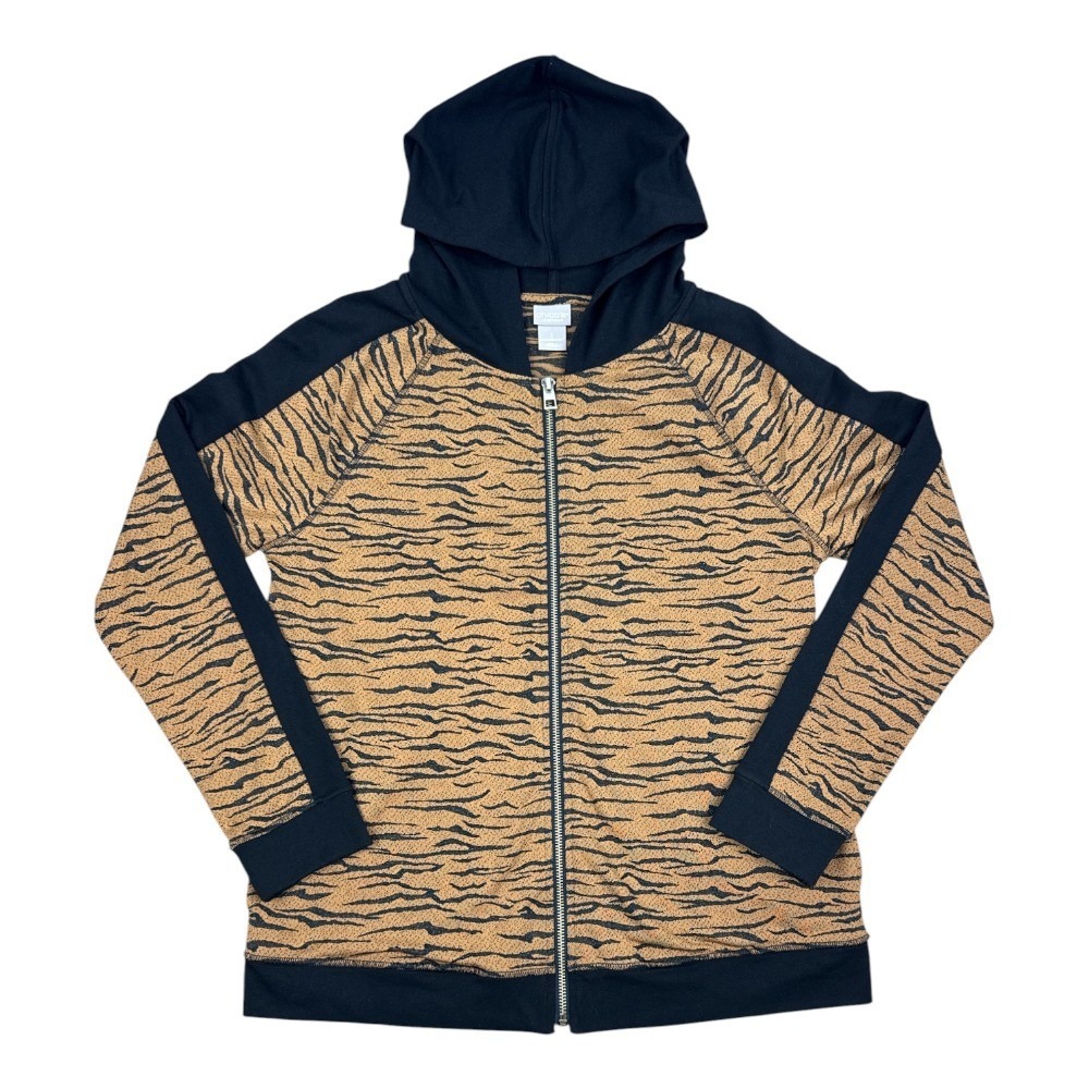 Chicos Zenergy Womens Tiger Print Full Zip Jacket Hood Brown Black Size 1 M 8/10